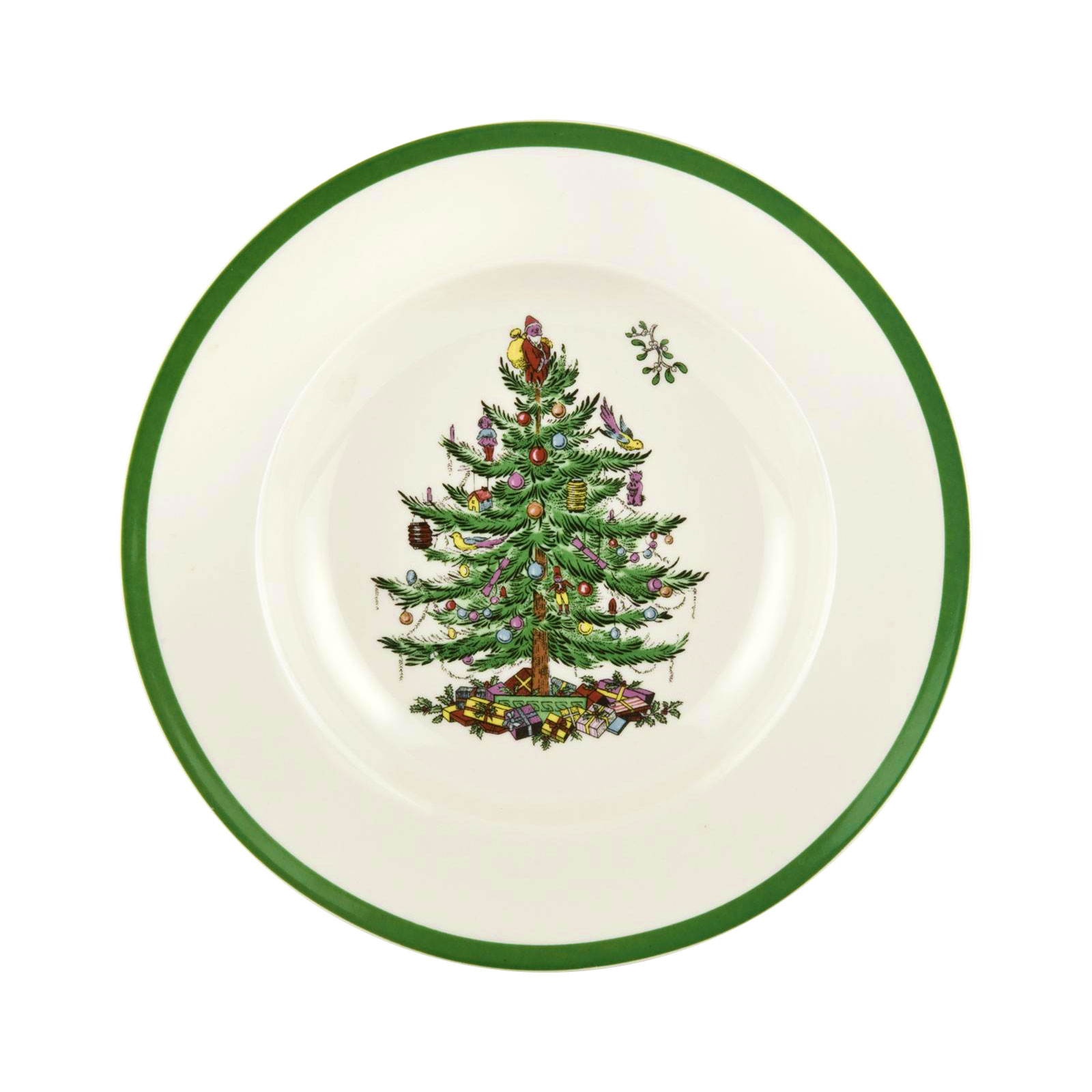 Der Christmas Tree Suppenteller von Spode besteht aus cremefarbenem Porzellan. Er hat einen mittelgrünen Rand und das Motiv eines geschmückten Weihnachtsbaumes in der Mitte.