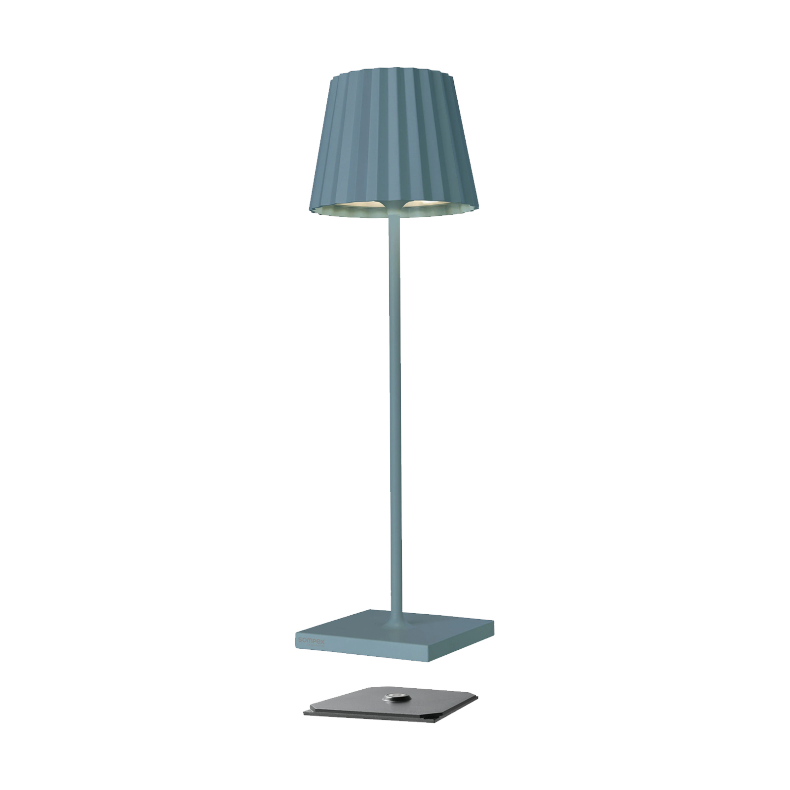 Moderne blaue Akku Tischleuchte mit Plissee-Schirm von Sompex für stilvolle Indoor- und Outdoor-Beleuchtung.