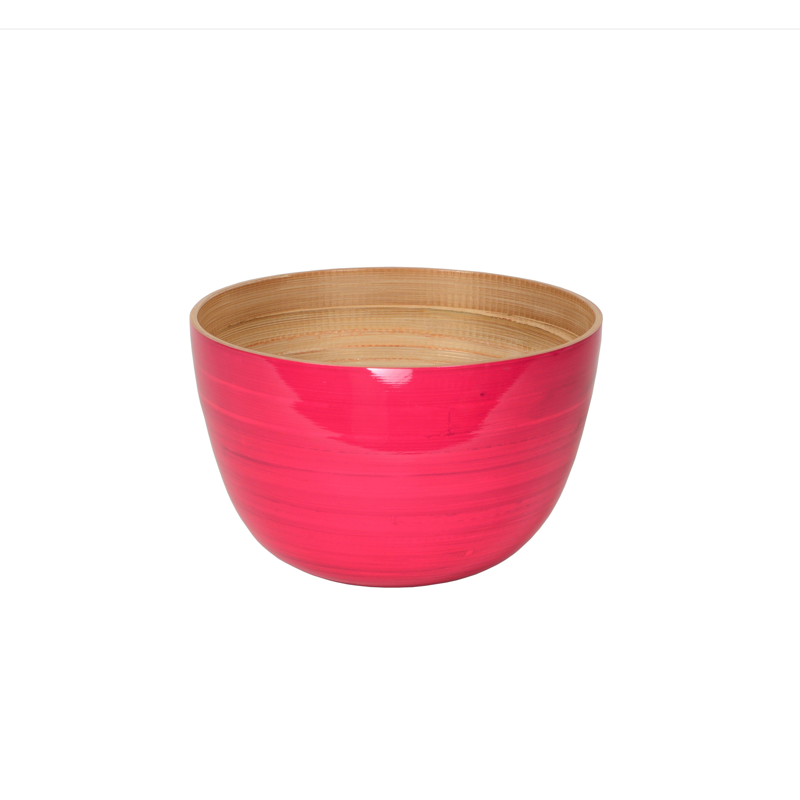 Die glänzend lackierte Bambus-Schüssel 22cm fuchsia ist außen pink und zeigt innen das schöne Holz.