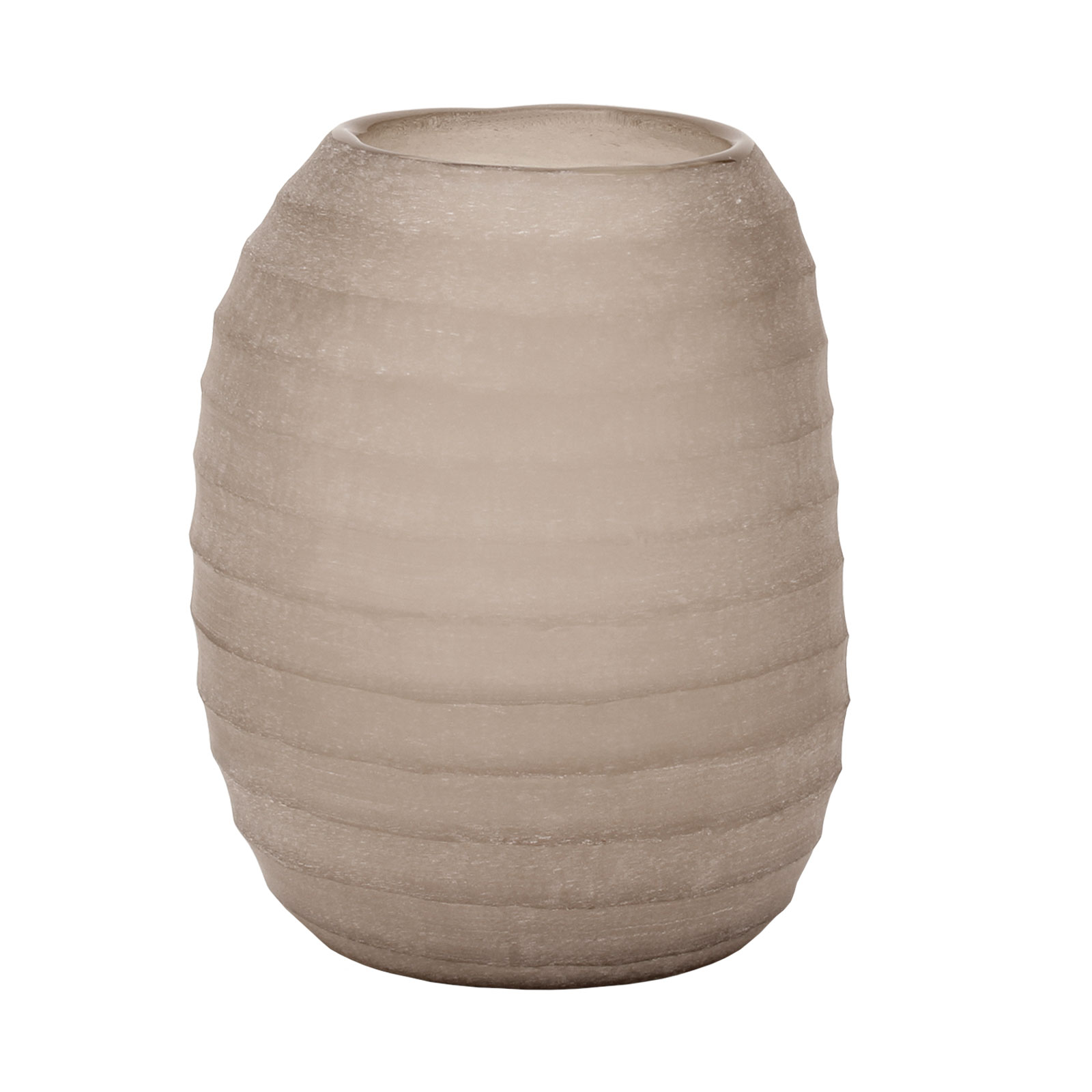 Die Belly Vase XL smokegrey von Guaxs besteht aus rauchgrauem Glas. Auf der handgeschliffenen Oberfläche befinden sich horizontale Rippen.